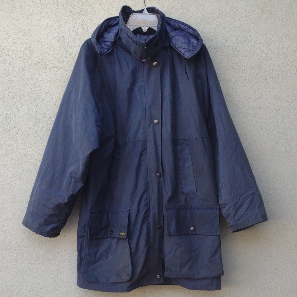 Vintage Eastfield Navy Hooded Waxed Funnel Neck Jacket UK 18 (US 14)